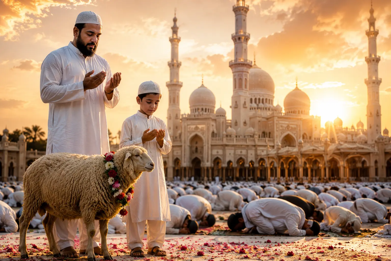 Eid ul Adha ke Fazail aur Masail: Father and son in white Islamic traditional clothing making dua beside a decorated sheep during Eid ul Adha prayers, with worshippers performing sajdah in front of a grand mosque under a warm golden sunrise sky.