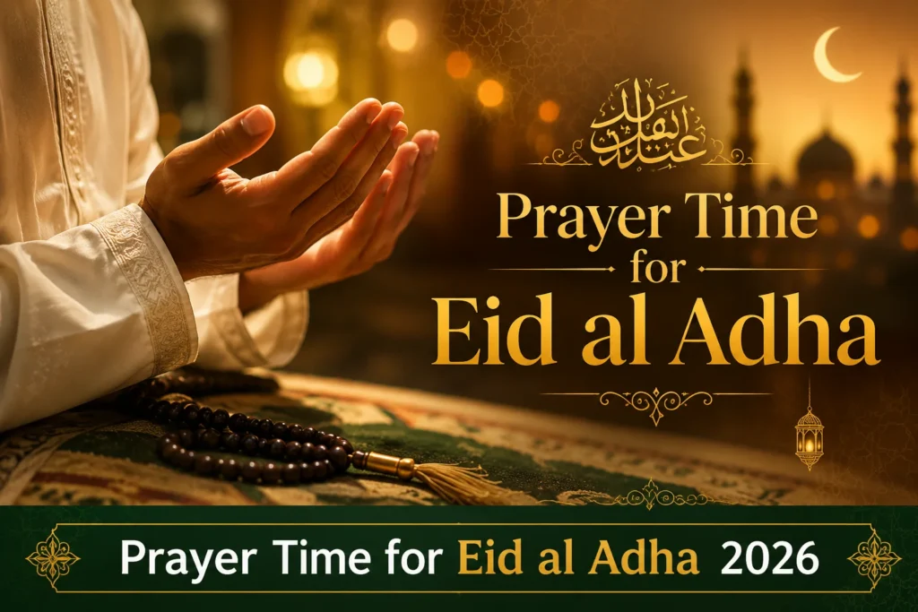 close up of hands raised in takbeer dua against a soft golden bokeh background, traditional white prayer clothes, prayer beads tasbih nearby, warm earthy tones of gold and green, elegant Arabic calligraphy overlay, shallow depth of field, professional photography, cinematic lighting, ultra realistic 4K, bold elegant text overlay reading "Prayer Time for Eid al Adha" as a centered title in golden serif font, decorative title bar or banner strip across the bottom or top of the image with text "Prayer Time for Eid al Adha 2026" written in clean white and gold typography on a deep green or dark brown background bar, professional blog featured image composition