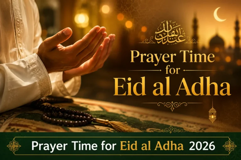 close up of hands raised in takbeer dua against a soft golden bokeh background, traditional white prayer clothes, prayer beads tasbih nearby, warm earthy tones of gold and green, elegant Arabic calligraphy overlay, shallow depth of field, professional photography, cinematic lighting, ultra realistic 4K, bold elegant text overlay reading "Prayer Time for Eid al Adha" as a centered title in golden serif font, decorative title bar or banner strip across the bottom or top of the image with text "Prayer Time for Eid al Adha 2026" written in clean white and gold typography on a deep green or dark brown background bar, professional blog featured image composition