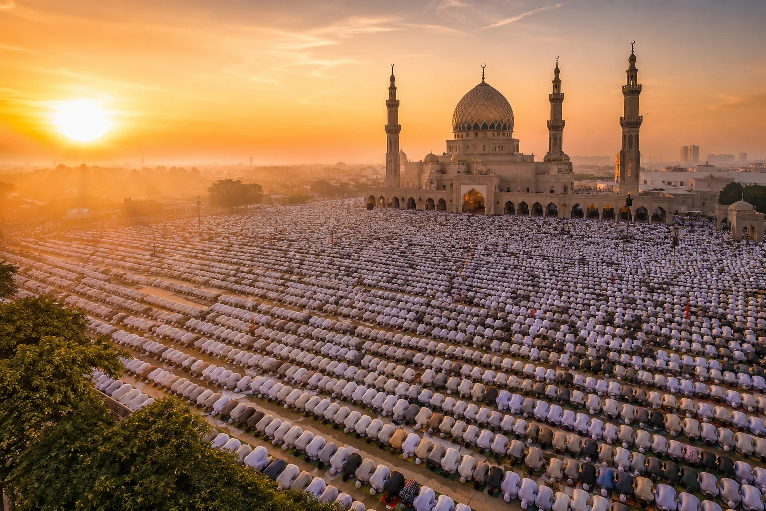 Prayer Time for Eid al Adha: A serene mosque at golden hour during Eid al Adha, warm sunrise light streaming through ornate arched windows, prayer rugs neatly arranged inside, intricate Islamic geometric patterns on walls, Arabic calligraphy reading Allahu Akbar, soft glowing lanterns, a crescent moon and star visible through the window