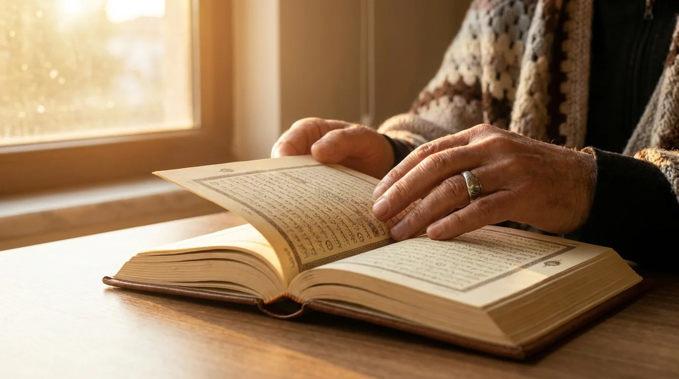 Best Islamic Quotes 2026 open Quran with prayer beads and tea on wooden table