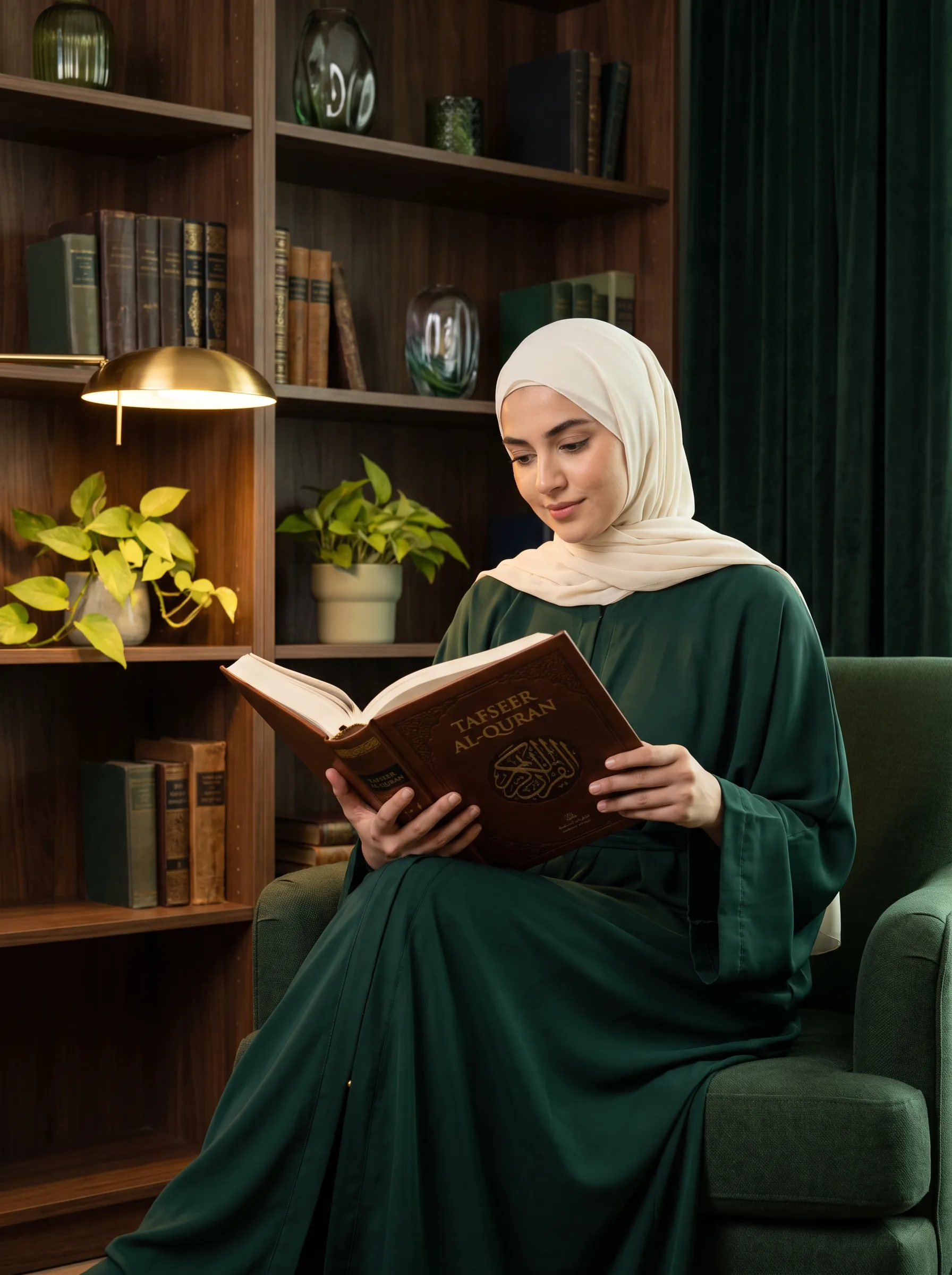 Female Islamic scholar holding an open book during Online Quran Tafseer session