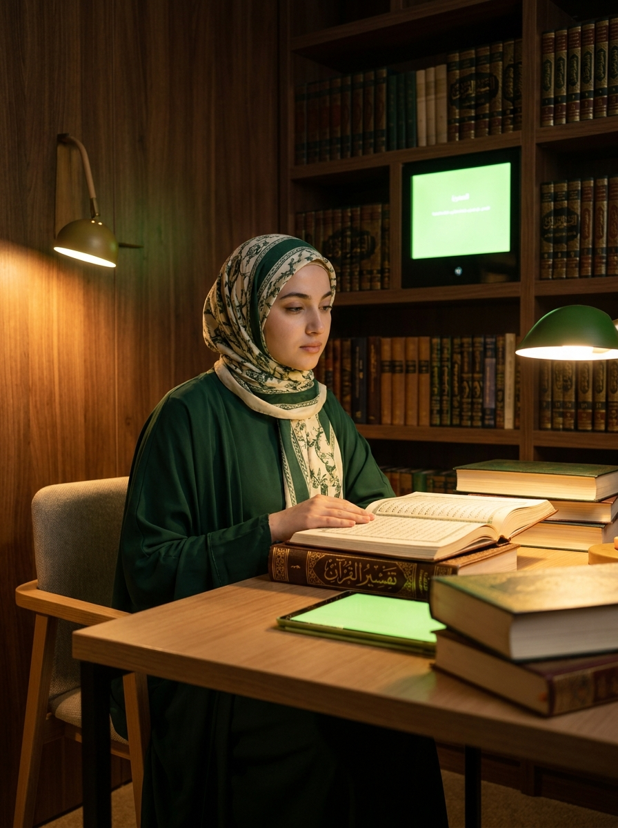 Female scholar studying sacred texts during Online Quran Tafseer sessions