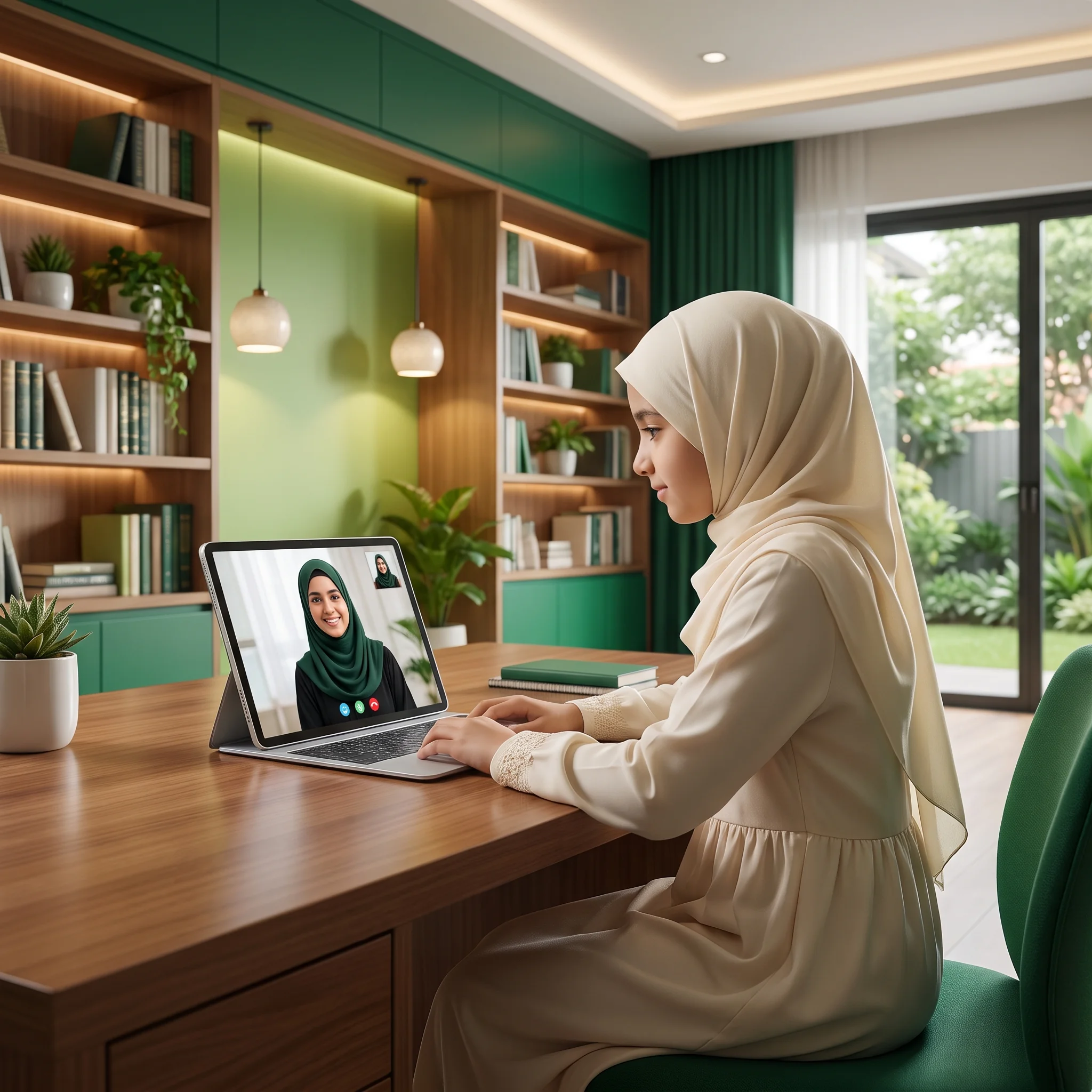 A young Islamic girl participating in an interactive online session with a female Quran tutor