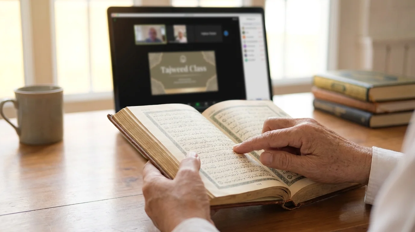 Learn Quran online with Tajweed, close up of hands following ayah during recitation