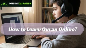 How to learn Quran online guide featuring a child in a video Tajweed class with an open Mushaf