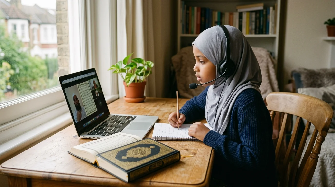 Student wearing headset attending online Quran Tajweed class with open Mushaf on desk