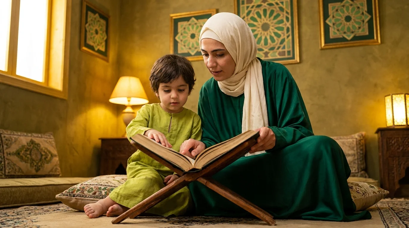 Parent guiding child reading Quran