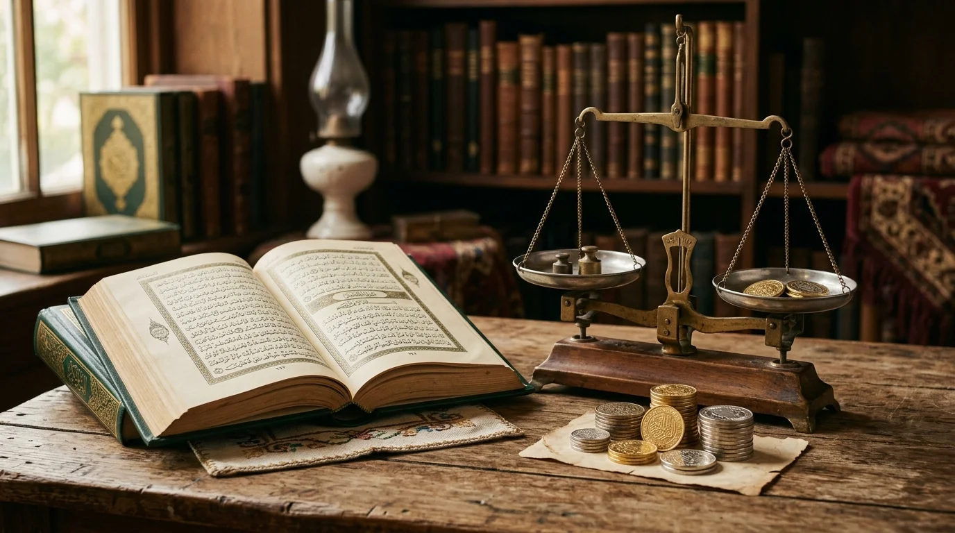 Open Quran with scales and coins representing the prohibition of Riba interest in Islamic finance