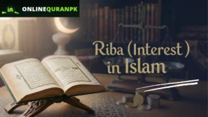 Blog header image titled Riba Interest in Islam with Quran and Islamic geometric pattern background