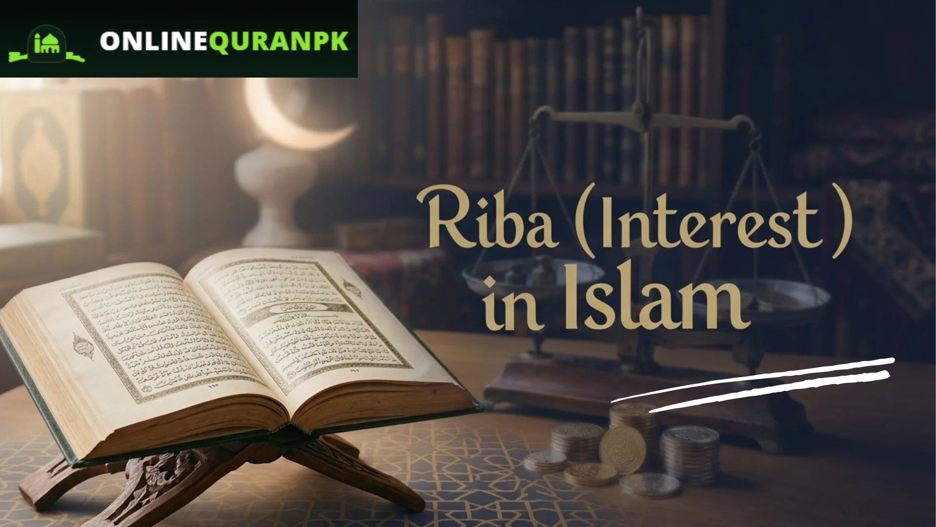 Blog header image titled Riba Interest in Islam with Quran and Islamic geometric pattern background