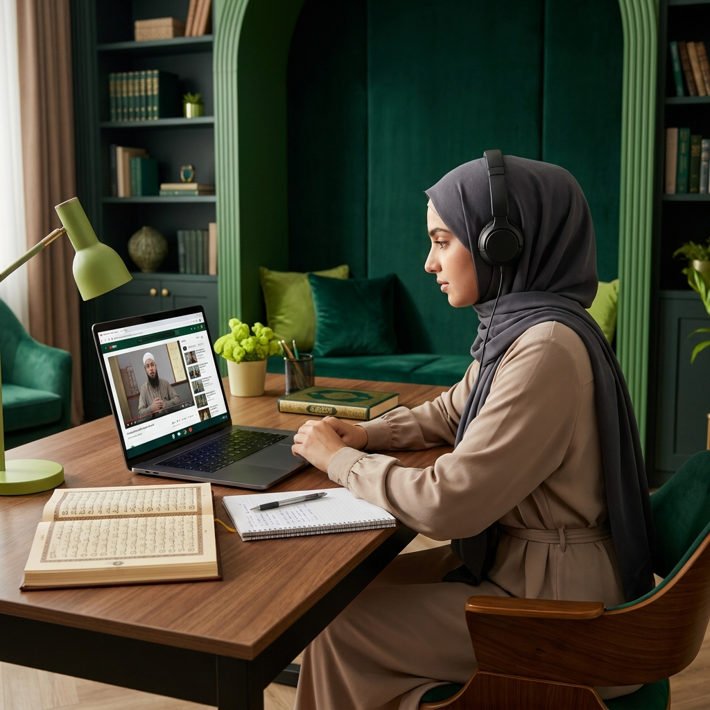 Student in hijab studying Quran during online Tajweed sessions