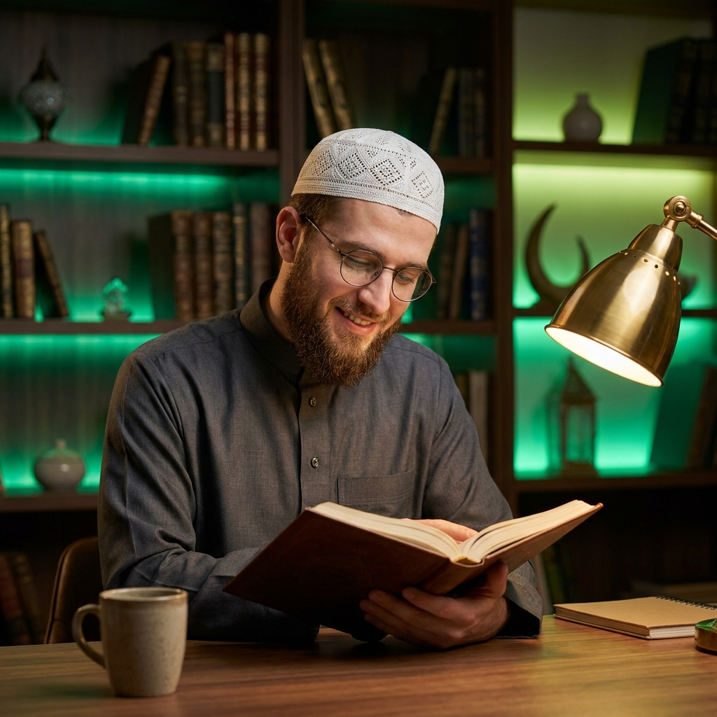 Student reading Mushaf at desk during online Tajweed class