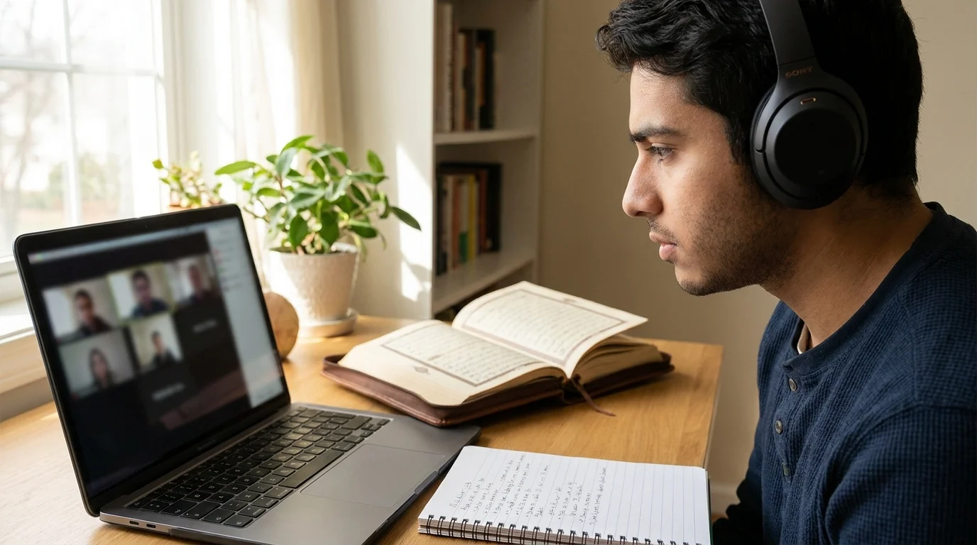 Student researching Islamic law and Quranic rulings during an online Islamic studies class
This version keeps the "online academy" context but visually ties the scene to Islamic law study specifically (reference books, notes on jurisprudence, Quran open beside the laptop) rather than a generic online class photo. Let me know if you'd like an alternate version showing a teacher/tutor explaining a ruling on a whiteboard or screen-share instead, that could work well too if you want more of an "instructional" feel rather than a "student studying alone" feel.