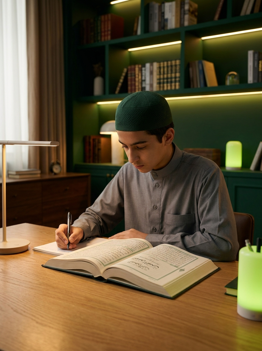 Teenage boy studying Tafseer during online Quran classes