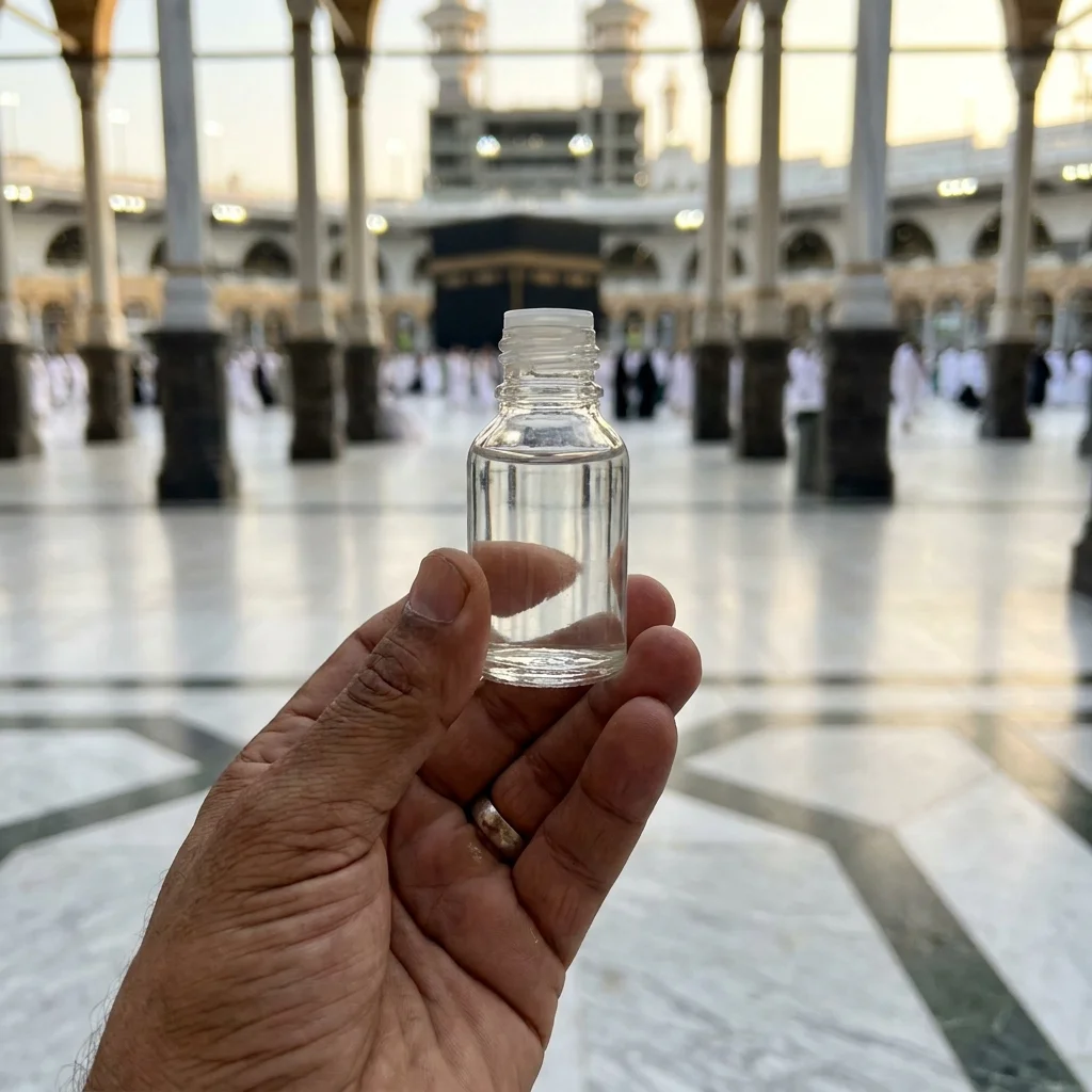 Sealed bottle of Zamzam water held near the Grand Mosque in Mecca