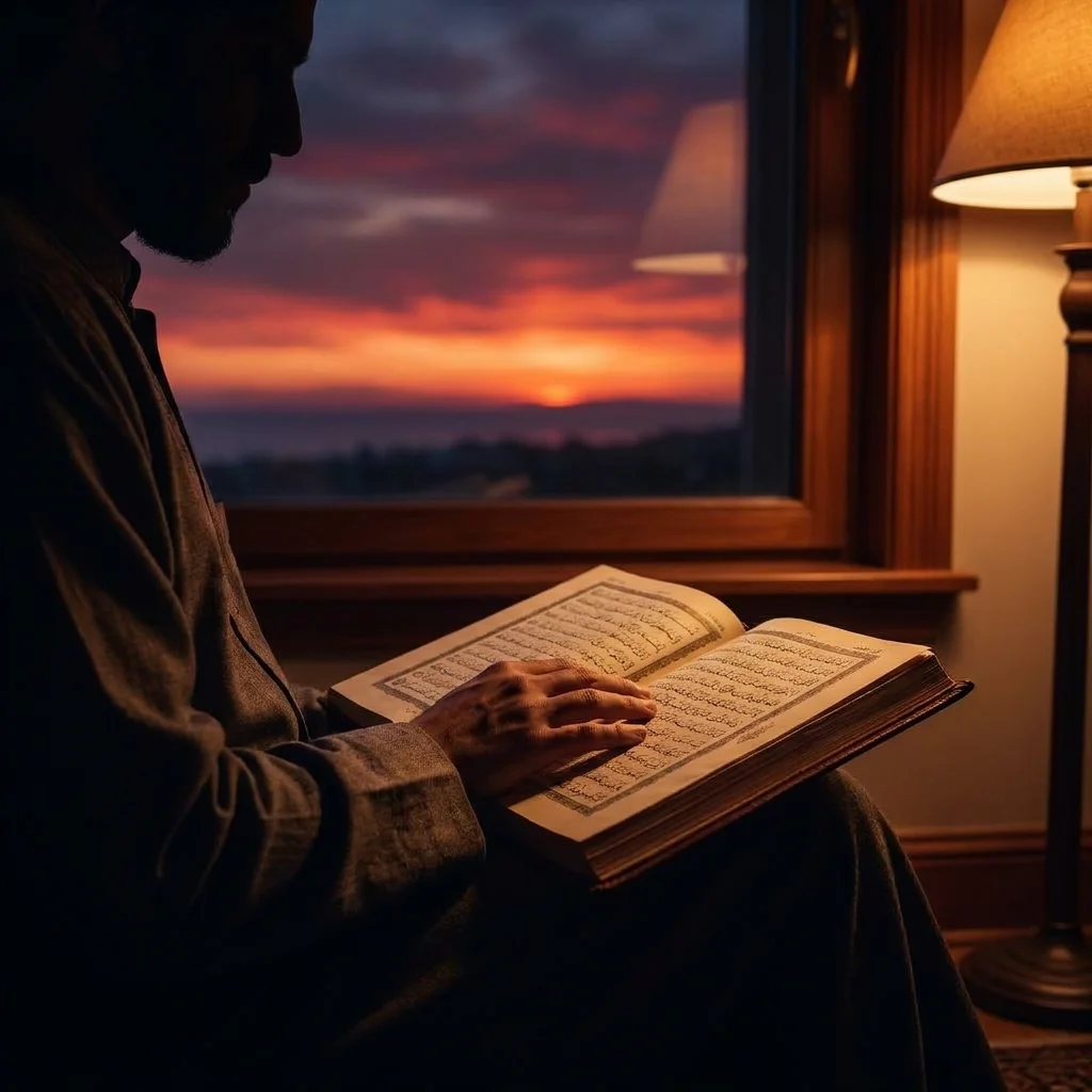 Person reflecting on the Quran at dusk, symbolizing contemplation of the Day of Judgment in Islam