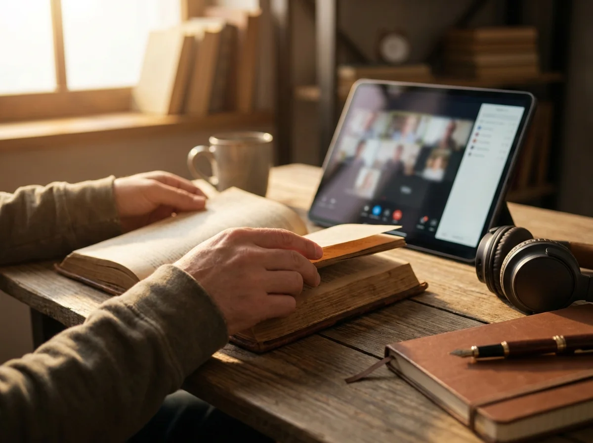 Person reading Quran during an online recitation lesson with tablet and headphones on desk
