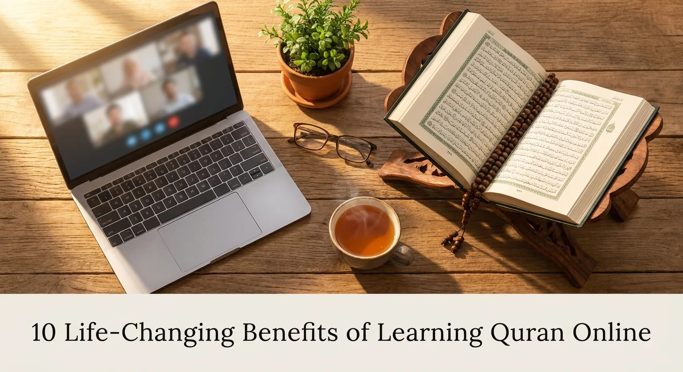 Benefits of learning Quran online illustrated with a study desk setup featuring Quran, tasbih, and laptop video call
