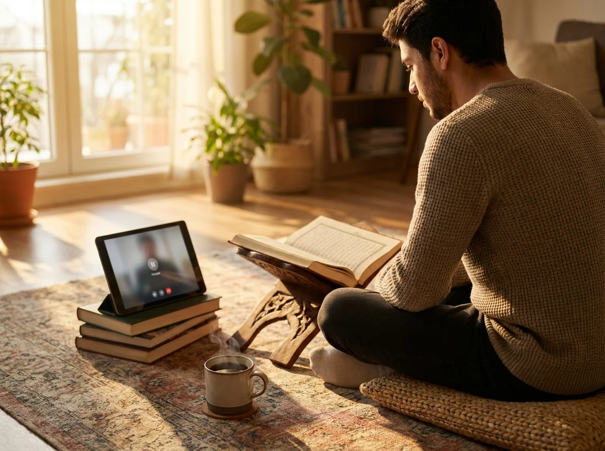 Person reciting Quran on a rehal while connected to an online Quran learning session