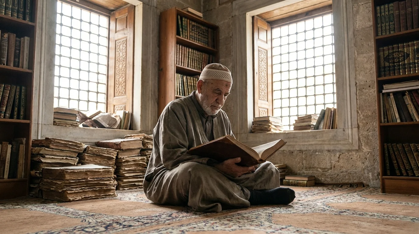 Islamic scholar studying religious texts to understand bid'ah in Islam