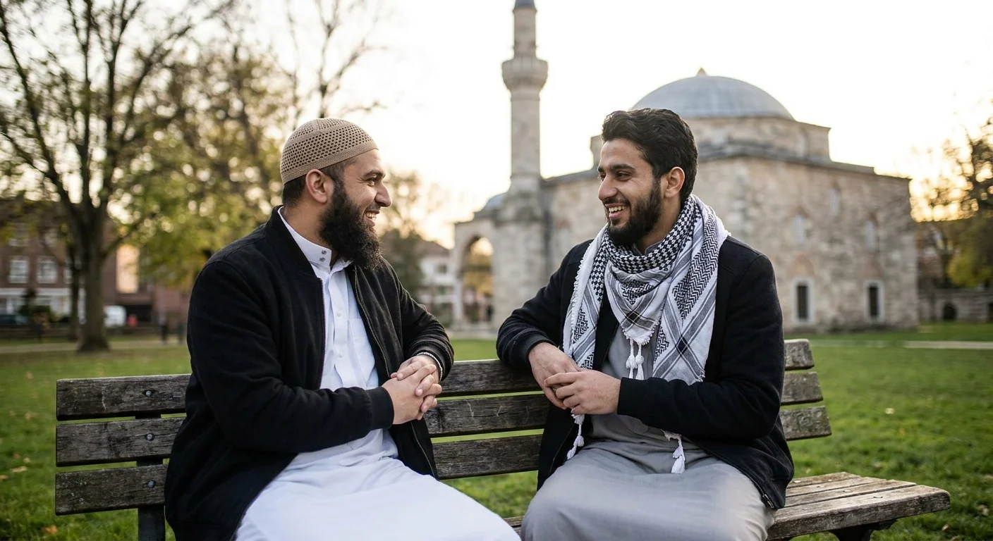 Two Muslim friends sitting together talking near a mosque, illustrating friendship in Islam