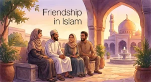 Friendship in Islam blog featured image showing Muslim friends talking together