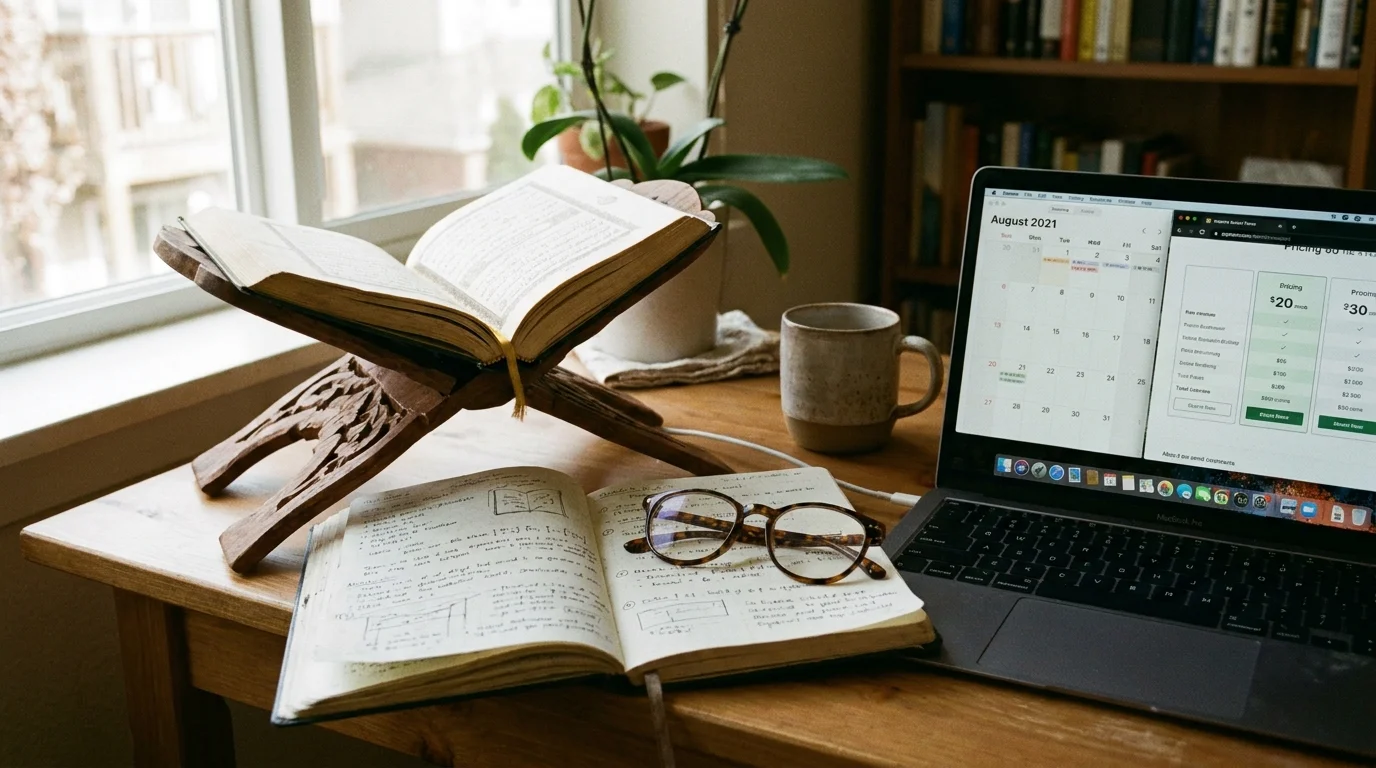 Desk setup showing Quran and laptop representing online Quran class pricing comparison