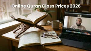 Online Quran Class Prices 2026 blog header featuring an open Quran and laptop video call setup