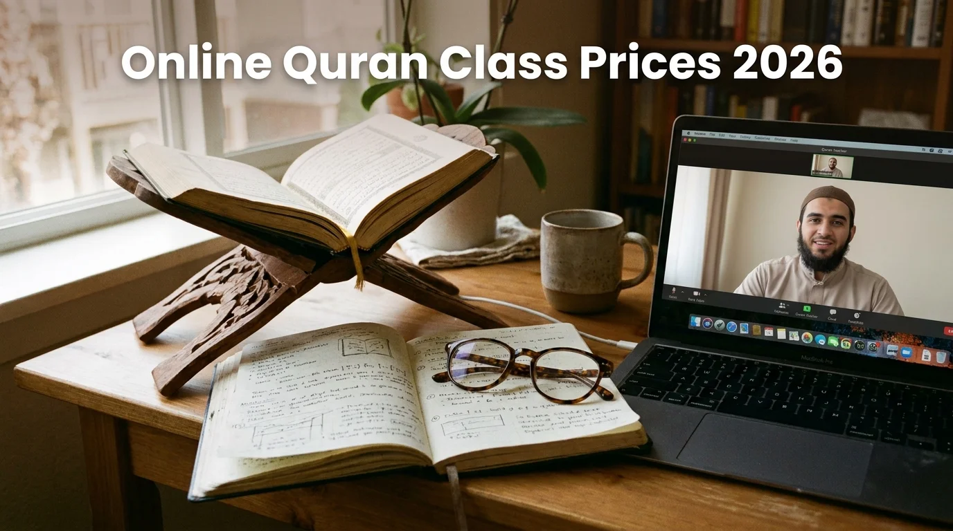 Online Quran Class Prices 2026 blog header featuring an open Quran and laptop video call setup