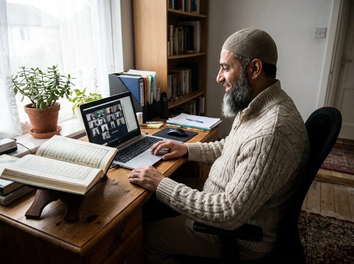 New Muslim learning Arabic letters during an online Quran class at home