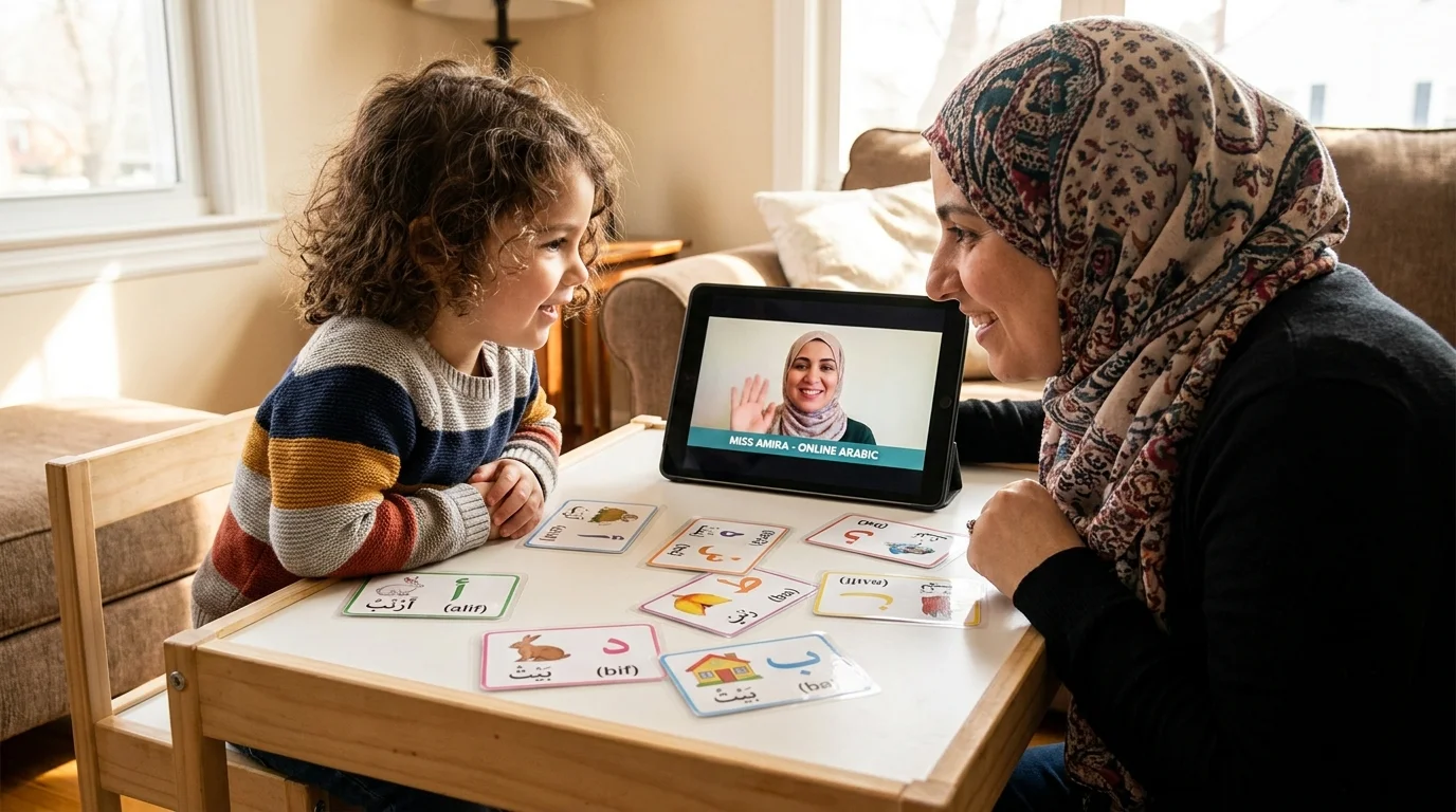 Parent and preschooler engaging together in an online Quran class using colorful Arabic flashcards