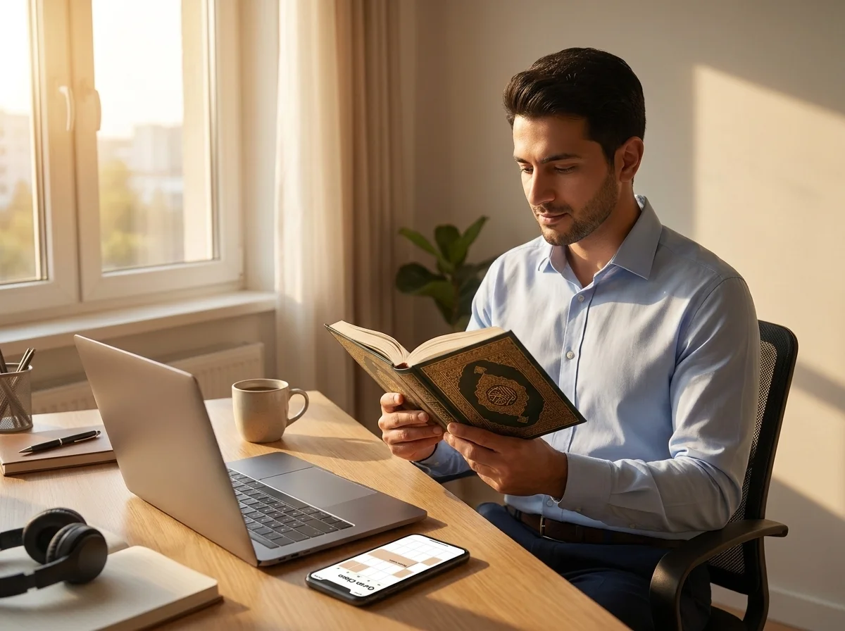 Working professional studying Quran quietly at home before starting the workday