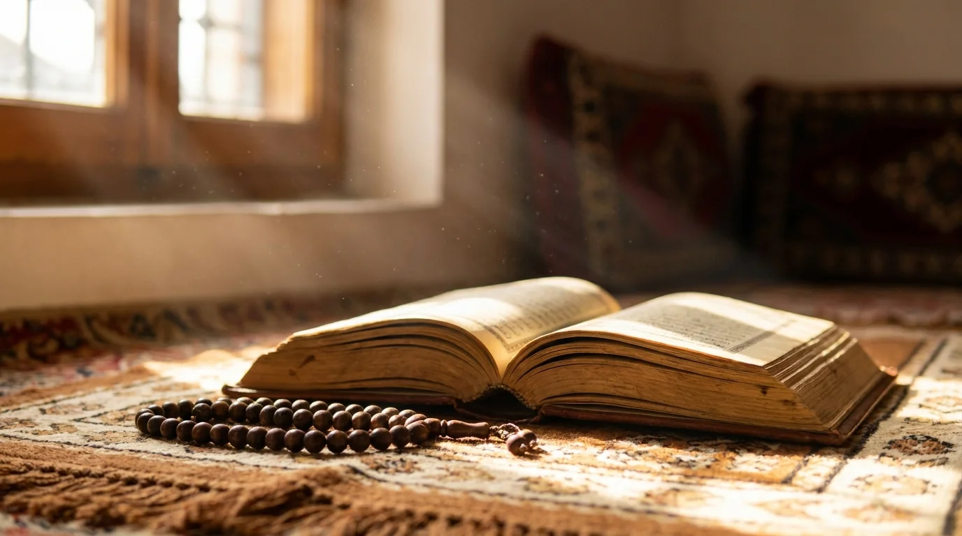 Dua for Forgiveness: open Quran and prayer beads on a mat, representing daily istighfar and reflection
