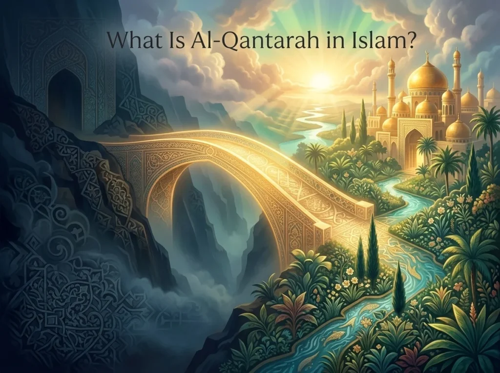 Illustration representing what is Al-Qantarah in Islam, a glowing bridge between darkness and light.