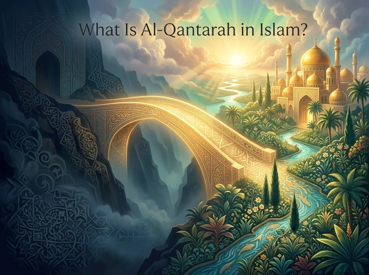 Illustration representing what is Al-Qantarah in Islam, a glowing bridge between darkness and light.