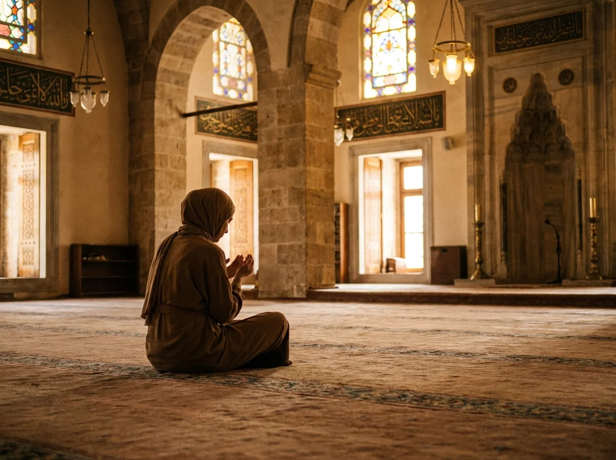 Muslim reflecting in prayer to avoid Shirk and strengthen Tawheed