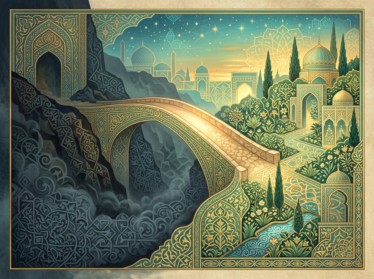 Symbolic bridge illustration depicting Al-Qantarah between Hell and Paradise in Islamic belief.