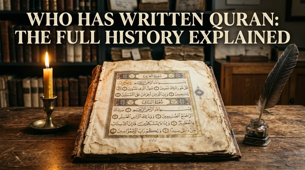 Who Has Written Quran: Closed Quran with embroidered cover on wooden stand with article title text overlay