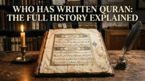 Who Has Written Quran: Closed Quran with embroidered cover on wooden stand with article title text overlay