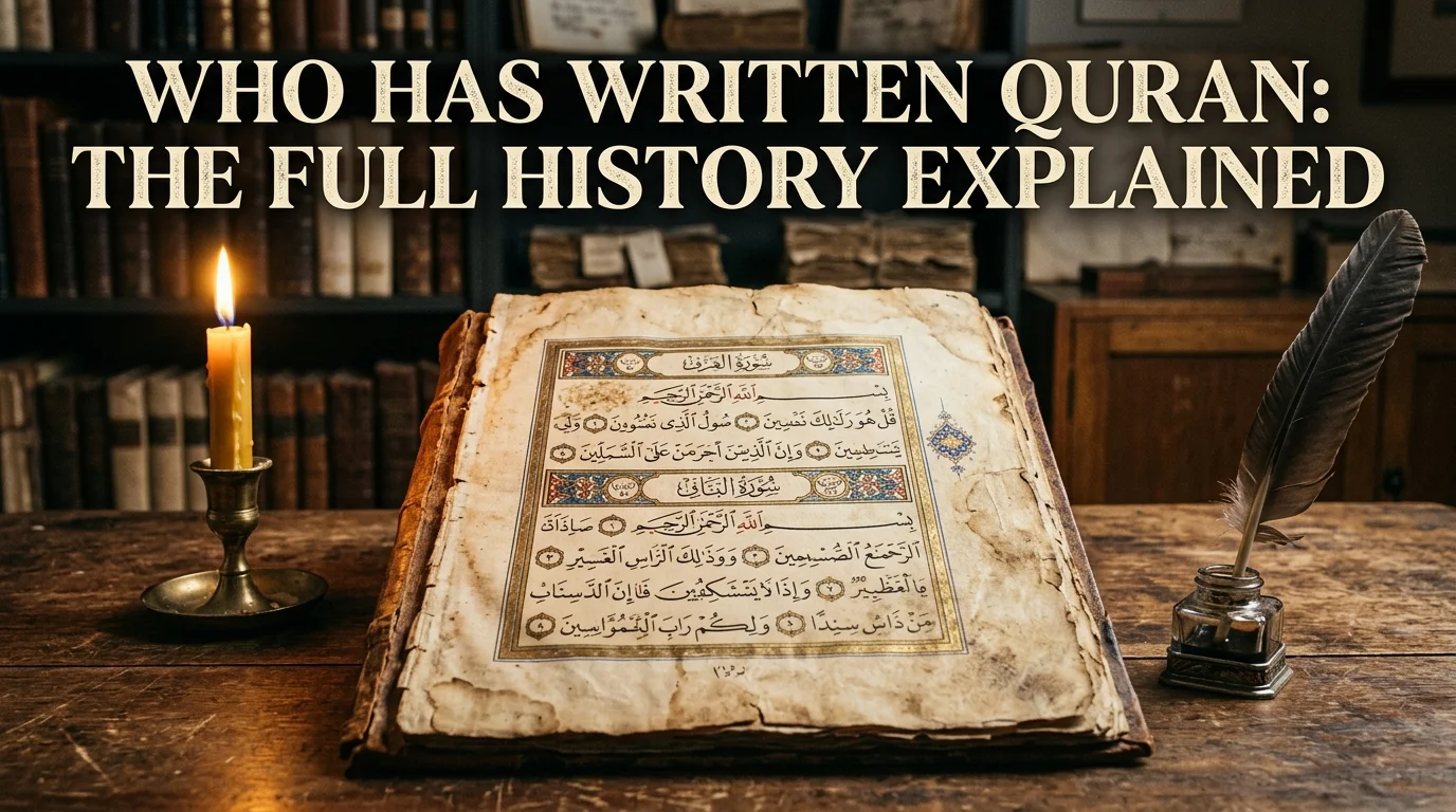 Who Has Written Quran: Closed Quran with embroidered cover on wooden stand with article title text overlay