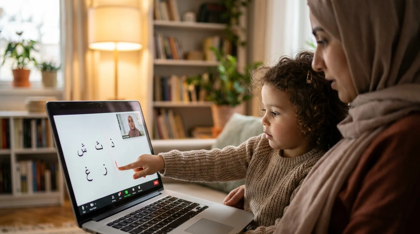 What Age Should a Child Start Learning Quran?:Young child learning Quran online with a parent sitting beside them during a lesson