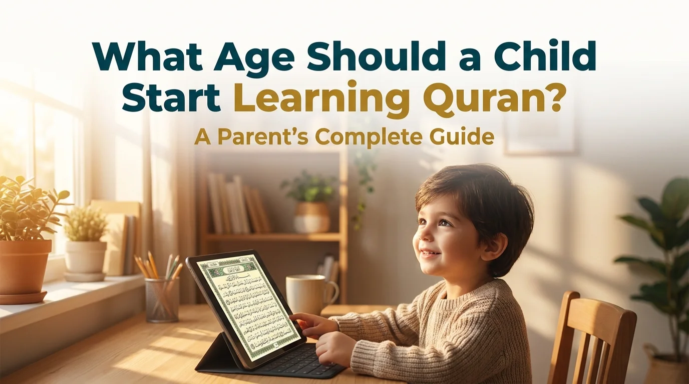 What age should a child start learning Quran online guide cover with a young child at a tablet