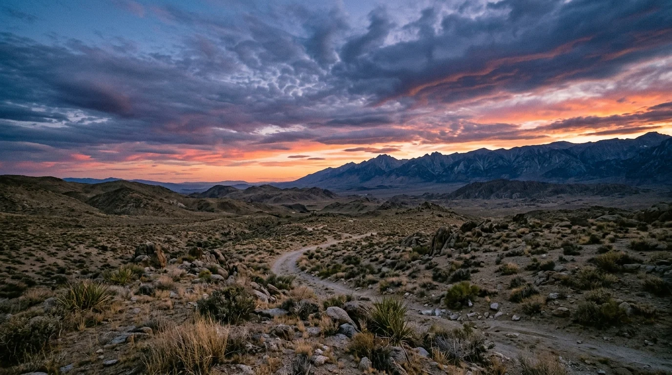 Desert landscape at dusk with mountains representing creation imagery from Surah Naziat