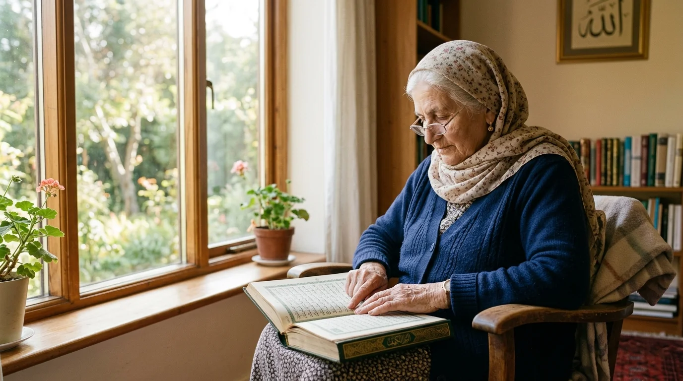 Person reading an open Quran by a window during daily morning recitation practice