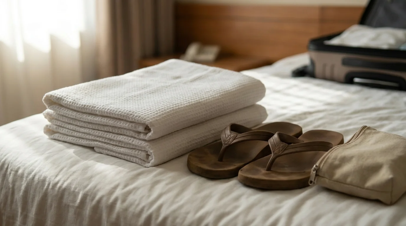 Folded white ihram cloths and sandals prepared for Umrah pilgrimage travel