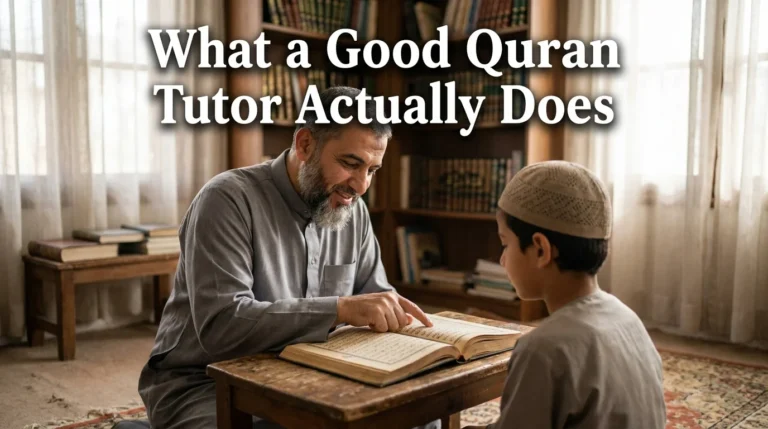 Quran tutor teaching a young student Tajweed and recitation during a one-on-one lesson