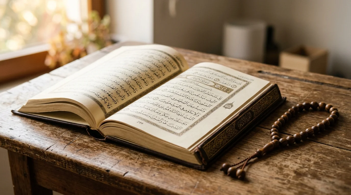 Surah Nasr: Open Quran with visible Arabic verses and wooden prayer beads resting beside it in soft morning light.