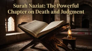 Open Quran displaying Surah Naziat page with title text overlay in a mosque setting