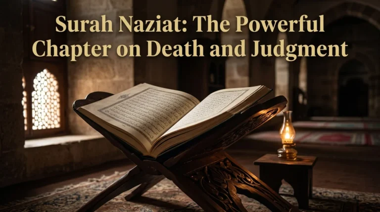 Open Quran displaying Surah Naziat page with title text overlay in a mosque setting